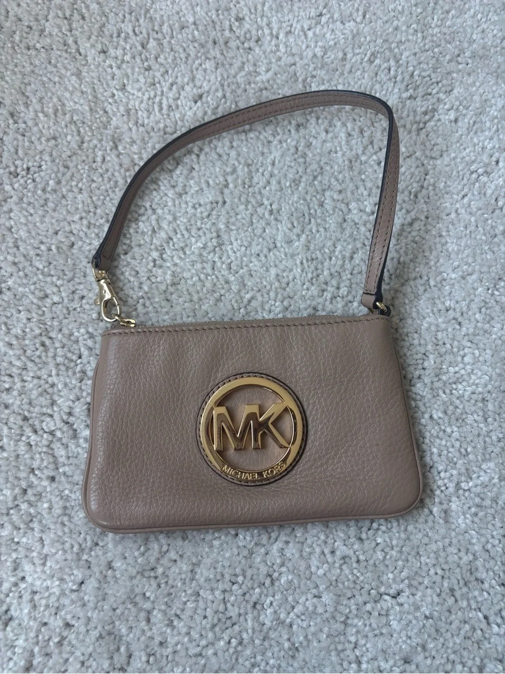 Michael Kors Taupe Leather Mini Wristlet with Gold MK Emblem